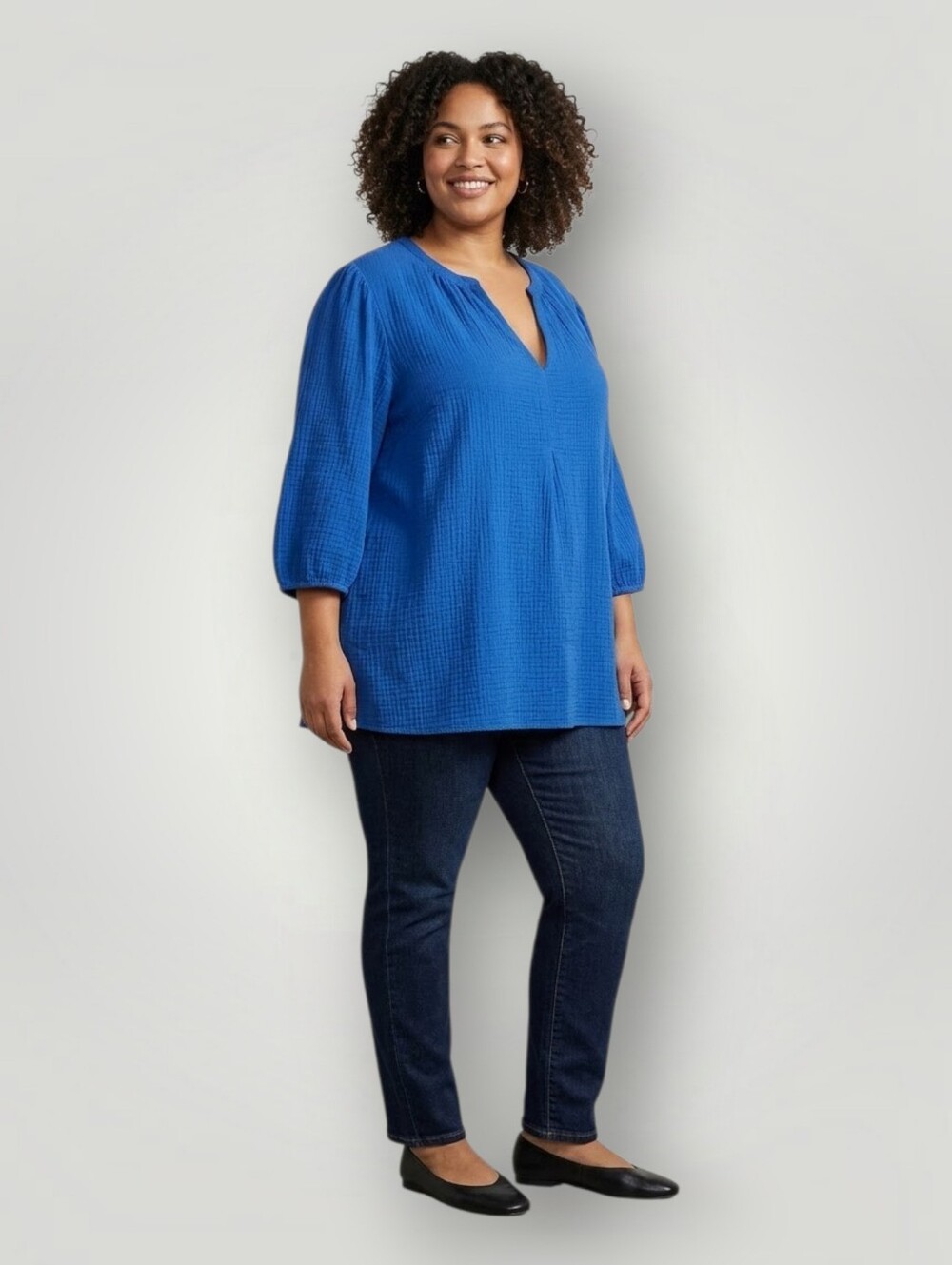 J.Jill Cobalt Blue Cotton Gauze V-neck Tunic Top Long Sleeve Women's 3X